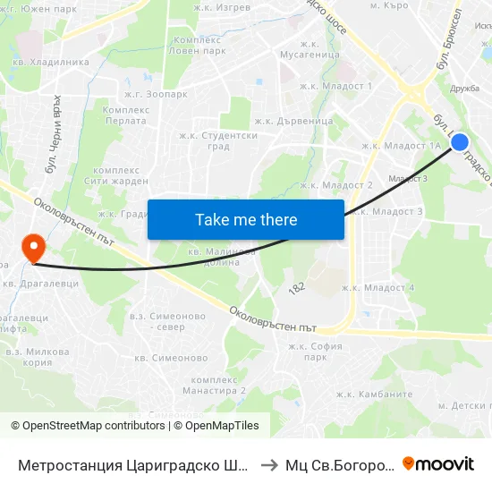 Ⓜ️ Метростанция Цариградско Шосе / Tsarigradsko Shosse Metro Station (1016) to Мц Св.Богородица - Възвестителка map