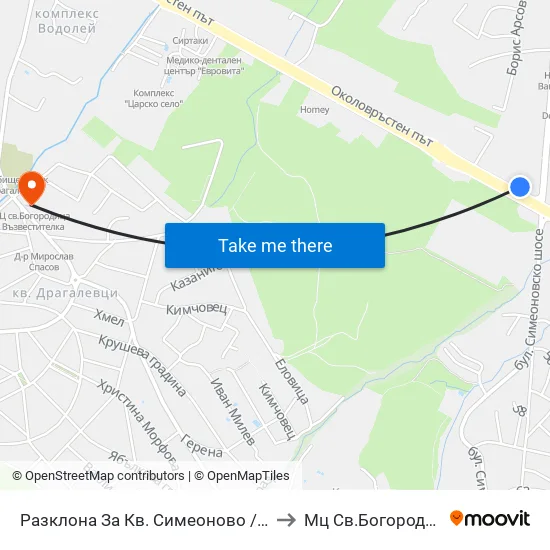 Разклона За Кв. Симеоново / Fork Road To Simeonovo Qr. (1458) to Мц Св.Богородица - Възвестителка map
