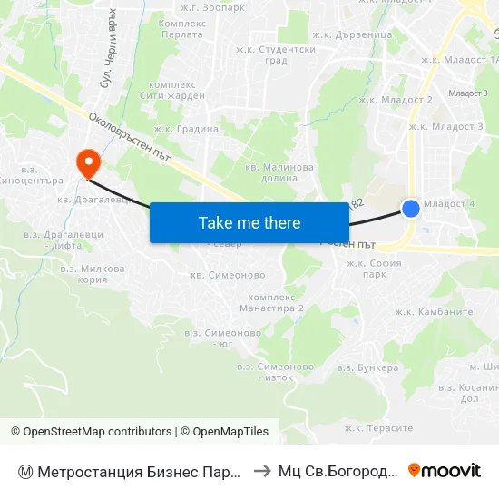 Ⓜ️ Метростанция Бизнес Парк / Business Park Metro Station (2490) to Мц Св.Богородица - Възвестителка map