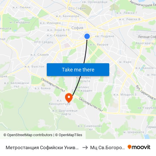 Метростанция Софийски Университет / Sofia University Metro Station (2827) to Мц Св.Богородица - Възвестителка map