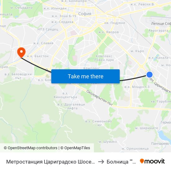 Метростанция Цариградско Шосе / Tsarigradsko Shosse Metro Station (1016) to Болница ""Райна Княгиня"" map