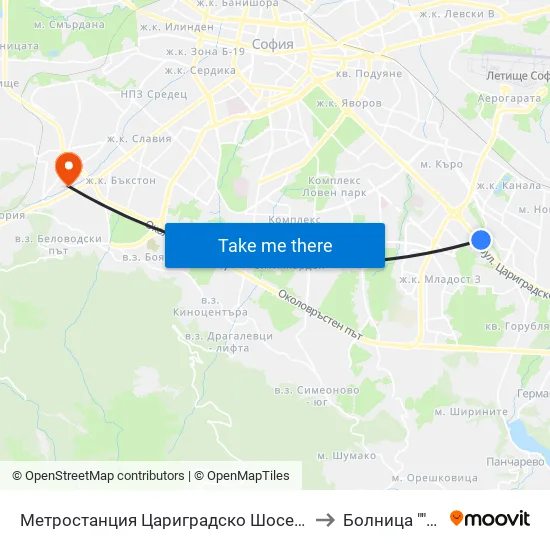Ⓜ️ Метростанция Цариградско Шосе / Tsarigradsko Shosse Metro Station (1016) to Болница ""Райна Княгиня"" map