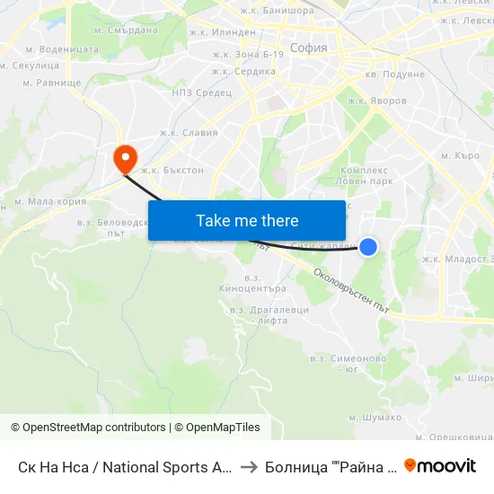 Ск На Нса / National Sports Academy (1609) to Болница ""Райна Княгиня"" map