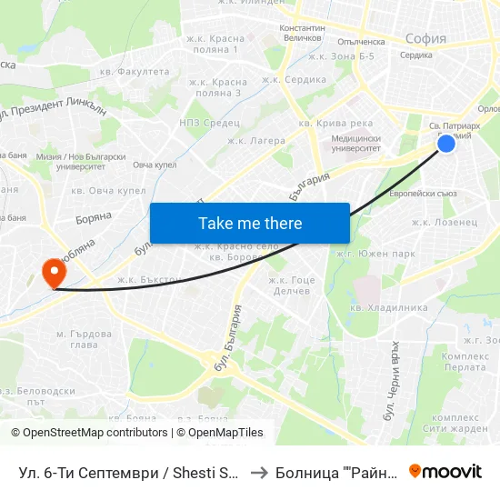 Ул. 6-Ти Септември / Shesti Septemvri St. (1807) to Болница ""Райна Княгиня"" map