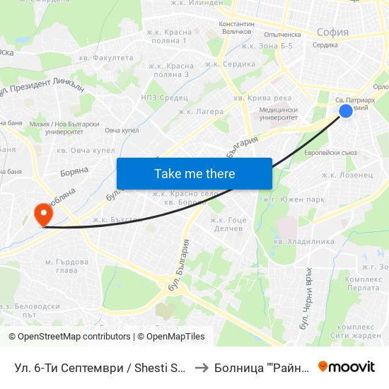 Ул. 6-Ти Септември / Shesti Septemvri St. (1808) to Болница ""Райна Княгиня"" map