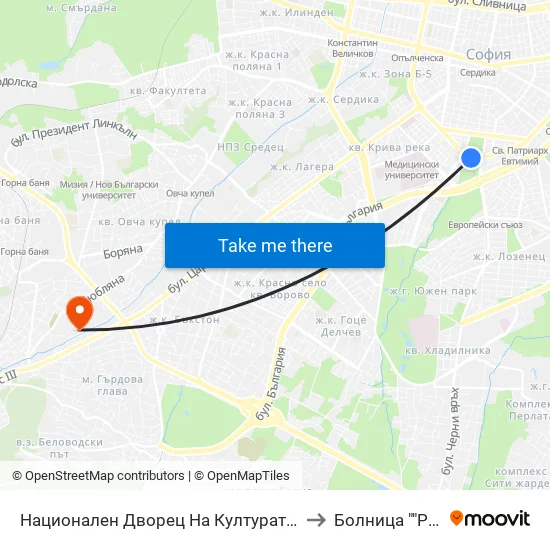 Ⓜ️ Национален Дворец На Културата / National Palace Of Culture (1139) to Болница ""Райна Княгиня"" map