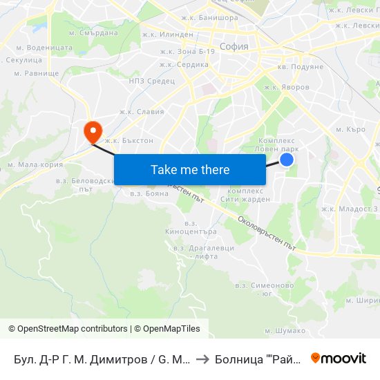 Бул. Д-Р Г. М. Димитров / G. M. Dimitrov Blvd. (0318) to Болница ""Райна Княгиня"" map