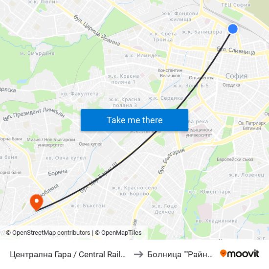 Централна Гара / Central Railway Station (1327) to Болница ""Райна Княгиня"" map
