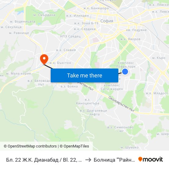 Бл. 22 Ж.К. Дианабад / Bl. 22, Dianabad Qr. (0124) to Болница ""Райна Княгиня"" map
