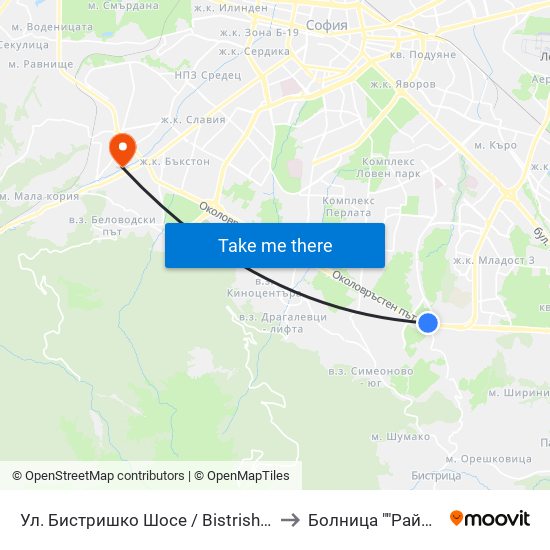 Ул. Бистришко Шосе / Bistrishko Shosse St. (0864) to Болница ""Райна Княгиня"" map