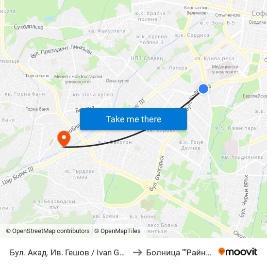 Бул. Акад. Ив. Гешов / Ivan Geshov Blvd. (0275) to Болница ""Райна Княгиня"" map