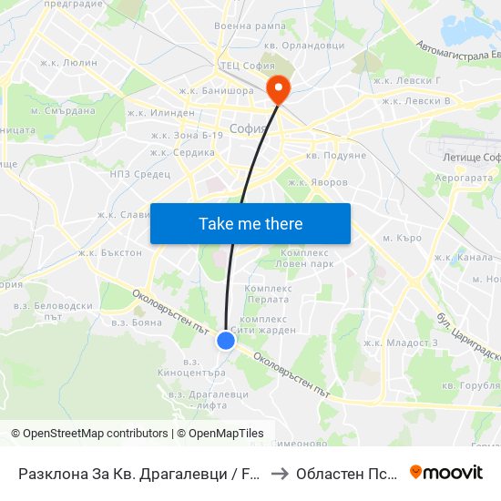 Разклона За Кв. Драгалевци / Fork Road To Dragalevtsi Qr. (1457) to Областен Психо-Диспансер map