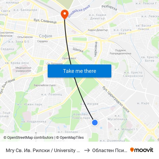 Мгу Св. Ив. Рилски / University Of Mining And Geology (1033) to Областен Психо-Диспансер map