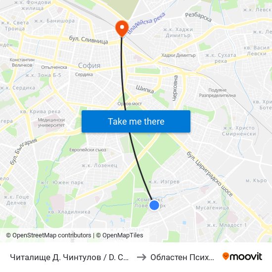 Читалище Д. Чинтулов / D. Chintulov Library (2366) to Областен Психо-Диспансер map