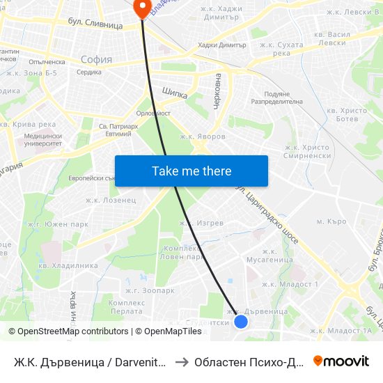 Ж.К. Дървеница / Darvenitsa Qr. (0800) to Областен Психо-Диспансер map