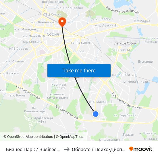 Бизнес Парк / Business Park to Областен Психо-Диспансер map
