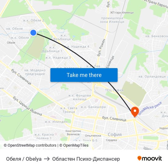 Обеля / Obelya to Областен Психо-Диспансер map