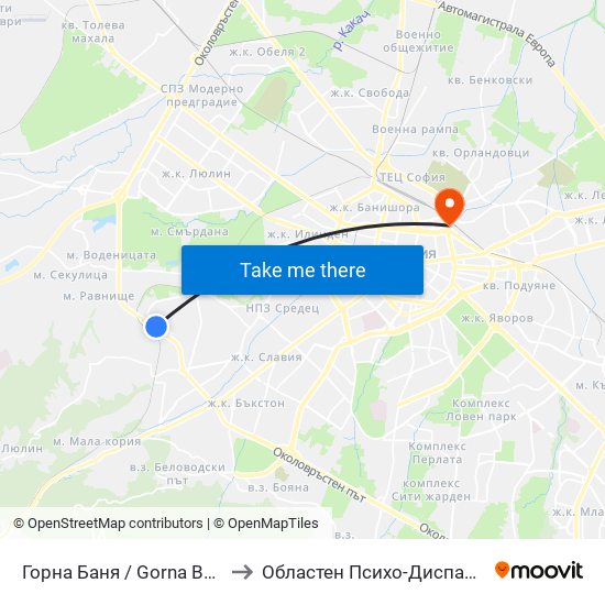 Горна Баня / Gorna Banya to Областен Психо-Диспансер map