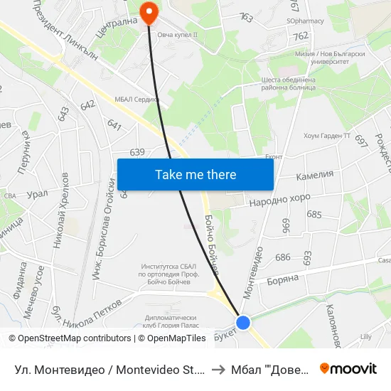 Ул. Монтевидео / Montevideo St. (2050) to Мбал ""Доверие"" map
