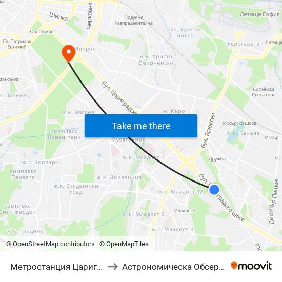 Метростанция Цариградско Шосе / Tsarigradsko Shosse Metro Station (1016) to Астрономическа Обсерватория На Софийския Университет ""Св. Климент Охридски"" map