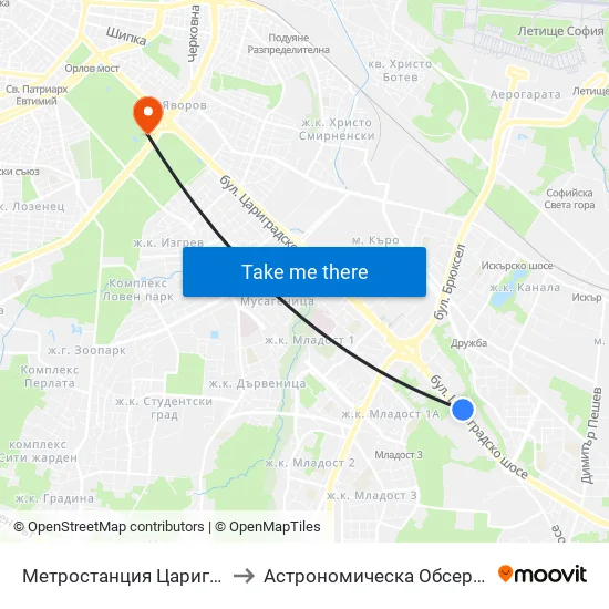 Ⓜ️ Метростанция Цариградско Шосе / Tsarigradsko Shosse Metro Station (1016) to Астрономическа Обсерватория На Софийския Университет ""Св. Климент Охридски"" map