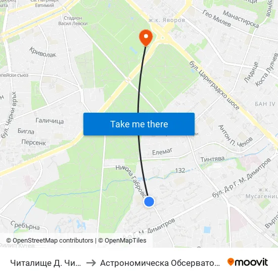 📚 Читалище Д. Чинтулов / D. Chintulov Library (2365) to Астрономическа Обсерватория На Софийския Университет ""Св. Климент Охридски"" map
