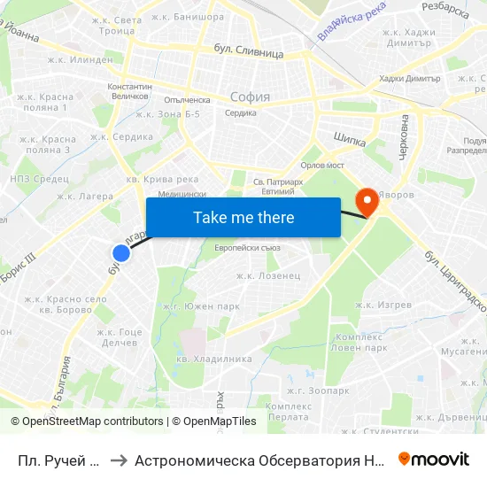 Пл. Ручей / Ruchey Sq. (1306) to Астрономическа Обсерватория На Софийския Университет ""Св. Климент Охридски"" map