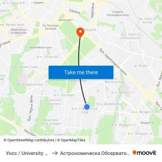 🎓 Унсс / University Of National And World Economy (1692) to Астрономическа Обсерватория На Софийския Университет ""Св. Климент Охридски"" map