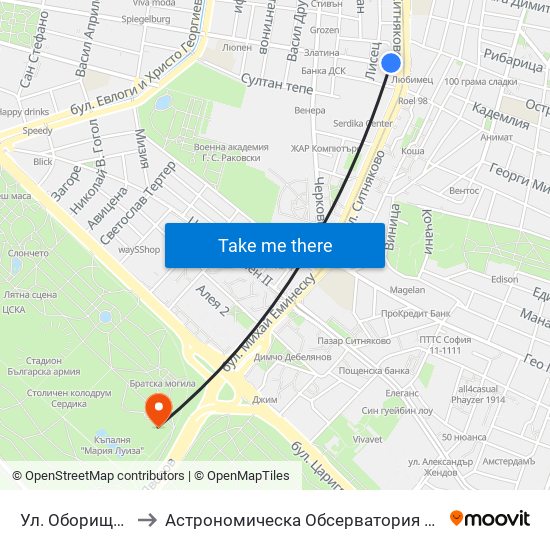 Ул. Оборище / Oborishte St. (2074) to Астрономическа Обсерватория На Софийския Университет ""Св. Климент Охридски"" map