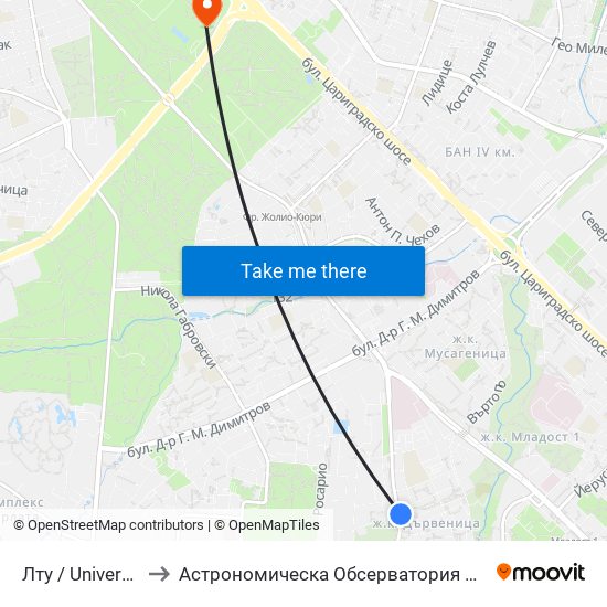 Лту / University Of Forestry (0614) to Астрономическа Обсерватория На Софийския Университет ""Св. Климент Охридски"" map