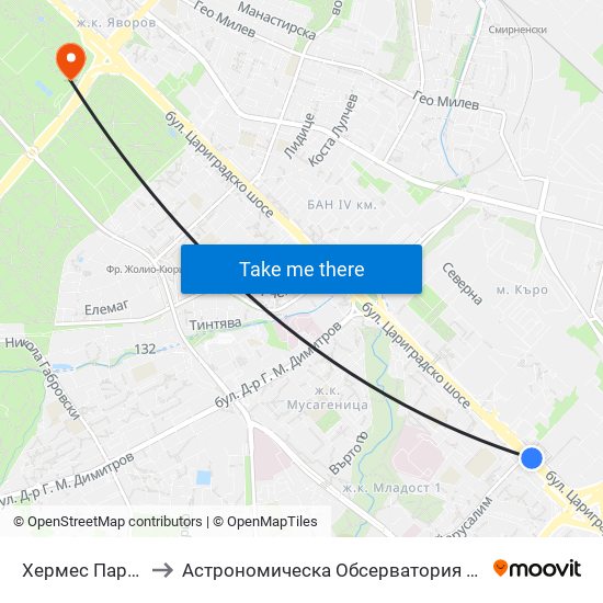 Хермес Парк / Hermes Park (2593) to Астрономическа Обсерватория На Софийския Университет ""Св. Климент Охридски"" map