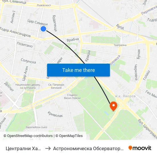 Централни Хали / Central Market Hall (2334) to Астрономическа Обсерватория На Софийския Университет ""Св. Климент Охридски"" map