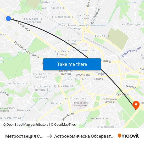 Метростанция Сливница / Slivnitsa Metro Station (1063) to Астрономическа Обсерватория На Софийския Университет ""Св. Климент Охридски"" map