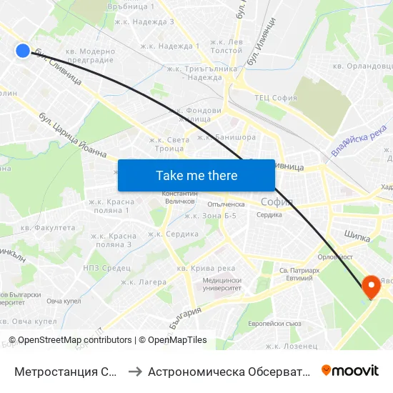 Ⓜ️ Метростанция Сливница / Slivnitsa Metro Station (1063) to Астрономическа Обсерватория На Софийския Университет ""Св. Климент Охридски"" map