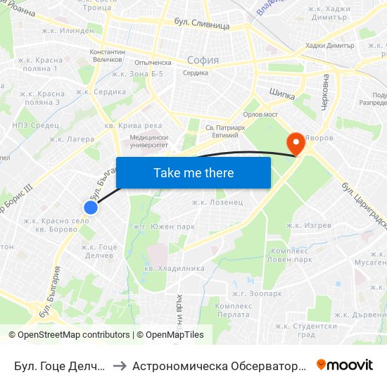 Бул. Гоце Делчев / Gotse Delchev Blvd. (0313) to Астрономическа Обсерватория На Софийския Университет ""Св. Климент Охридски"" map