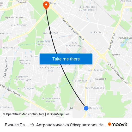 Бизнес Парк / Business Park to Астрономическа Обсерватория На Софийския Университет ""Св. Климент Охридски"" map