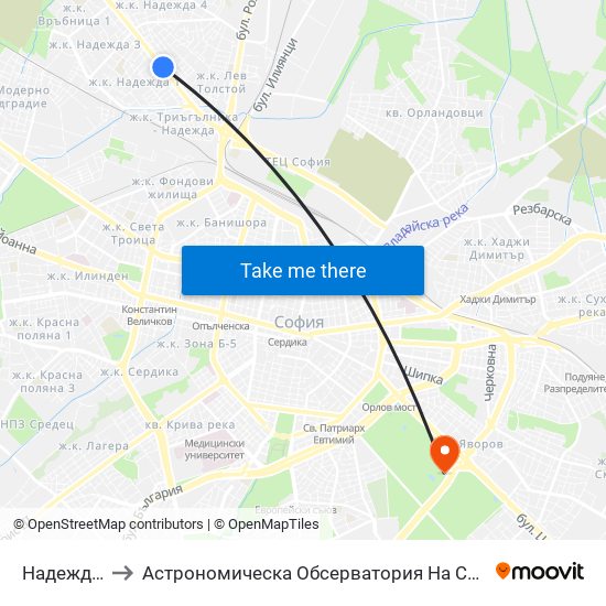 Надежда / Nadezhda to Астрономическа Обсерватория На Софийския Университет ""Св. Климент Охридски"" map