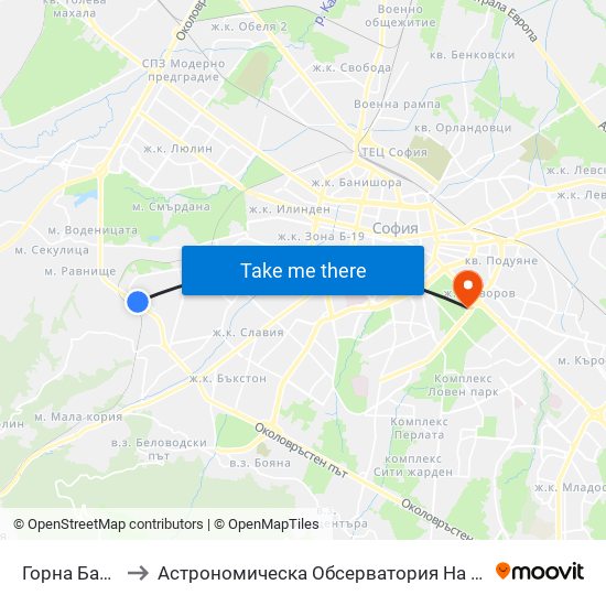 Горна Баня / Gorna Banya to Астрономическа Обсерватория На Софийския Университет ""Св. Климент Охридски"" map