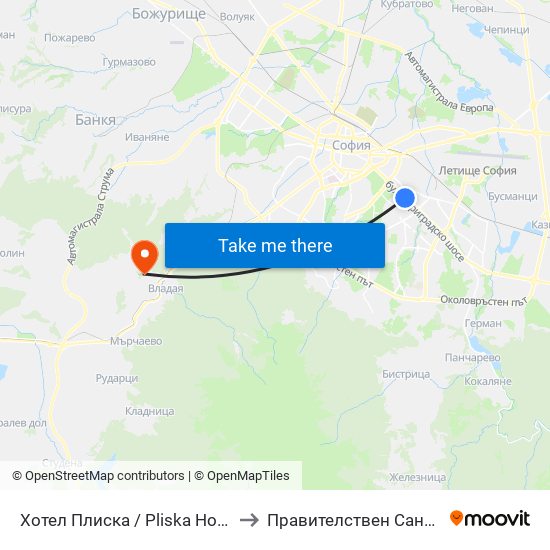 Хотел Плиска / Pliska Hotel (2326) to Правителствен Санаториум map