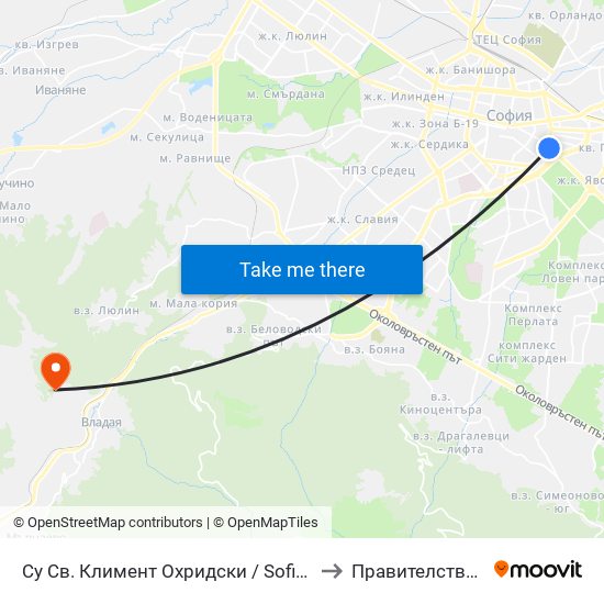 Су Св. Климент Охридски / Sofia University St. Kliment Ohridski to Правителствен Санаториум map