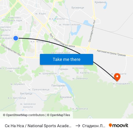 Ск На Нса / National Sports Academy (1609) to Стадион Лозен map