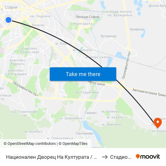 Национален Дворец На Културата / National Palace Of Culture to Стадион Лозен map