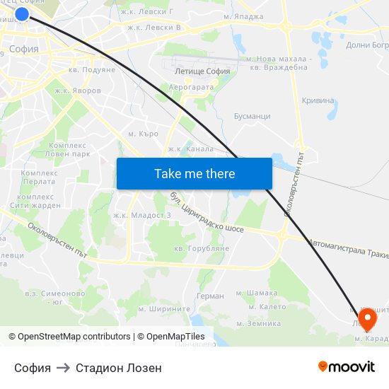 София to Стадион Лозен map