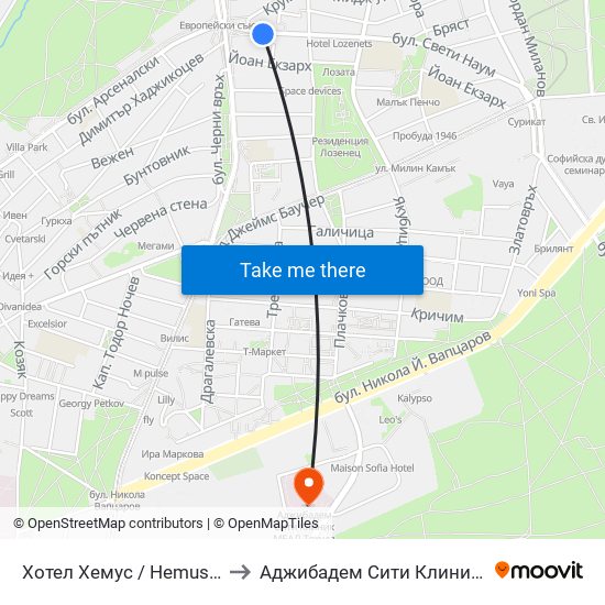 Хотел Хемус / Hemus Hotel (2329) to Аджибадем Сити Клиник Мбал Токуда map