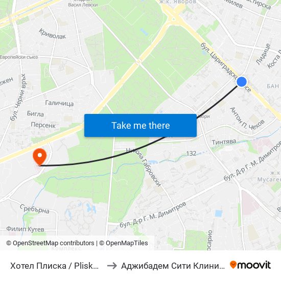 Хотел Плиска / Pliska Hotel (2326) to Аджибадем Сити Клиник Мбал Токуда map