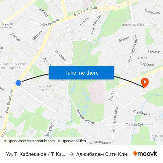Ул. Т. Каблешков / T. Kableshkov St. (2213) to Аджибадем Сити Клиник Мбал Токуда map