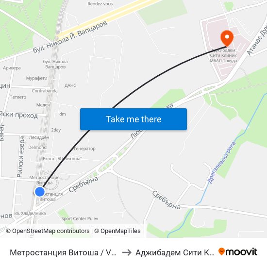 Метростанция Витоша / Vitosha Metro Station (2654) to Аджибадем Сити Клиник Мбал Токуда map