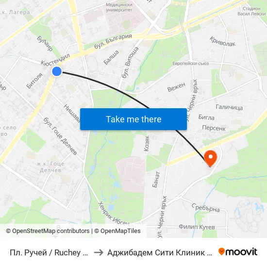 Пл. Ручей / Ruchey Sq. (1301) to Аджибадем Сити Клиник Мбал Токуда map