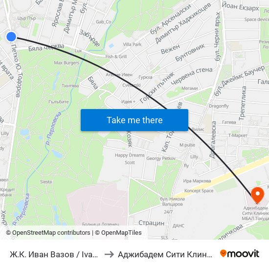 Ж.К. Иван Вазов / Ivan Vazov (0626) to Аджибадем Сити Клиник Мбал Токуда map
