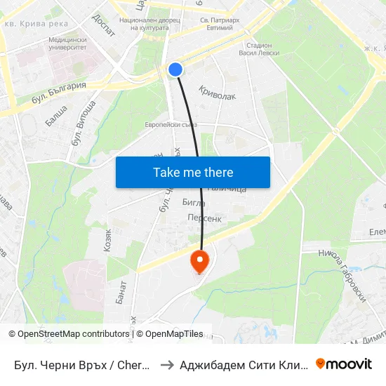 Бул. Черни Връх / Cherni Vrah Blvd. (0398) to Аджибадем Сити Клиник Мбал Токуда map